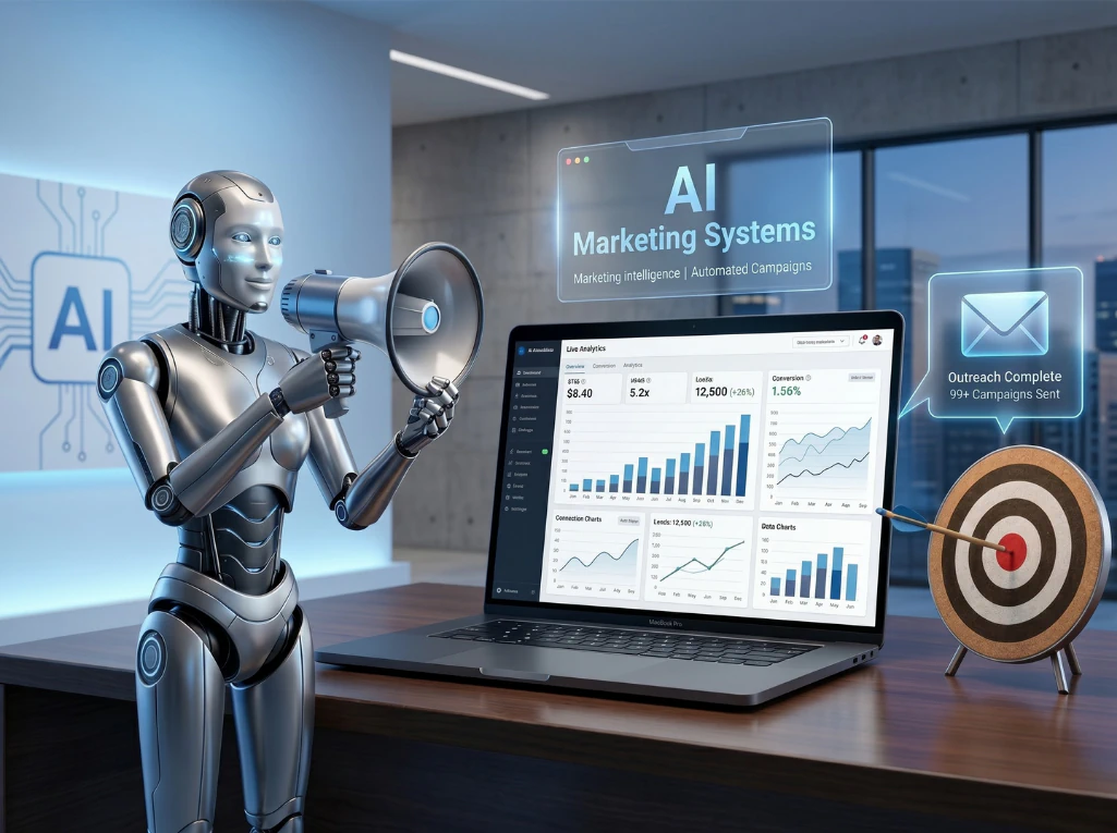 AI marketing robot using megaphone beside analytics dashboard, campaign metrics, and target conversion success indicator.