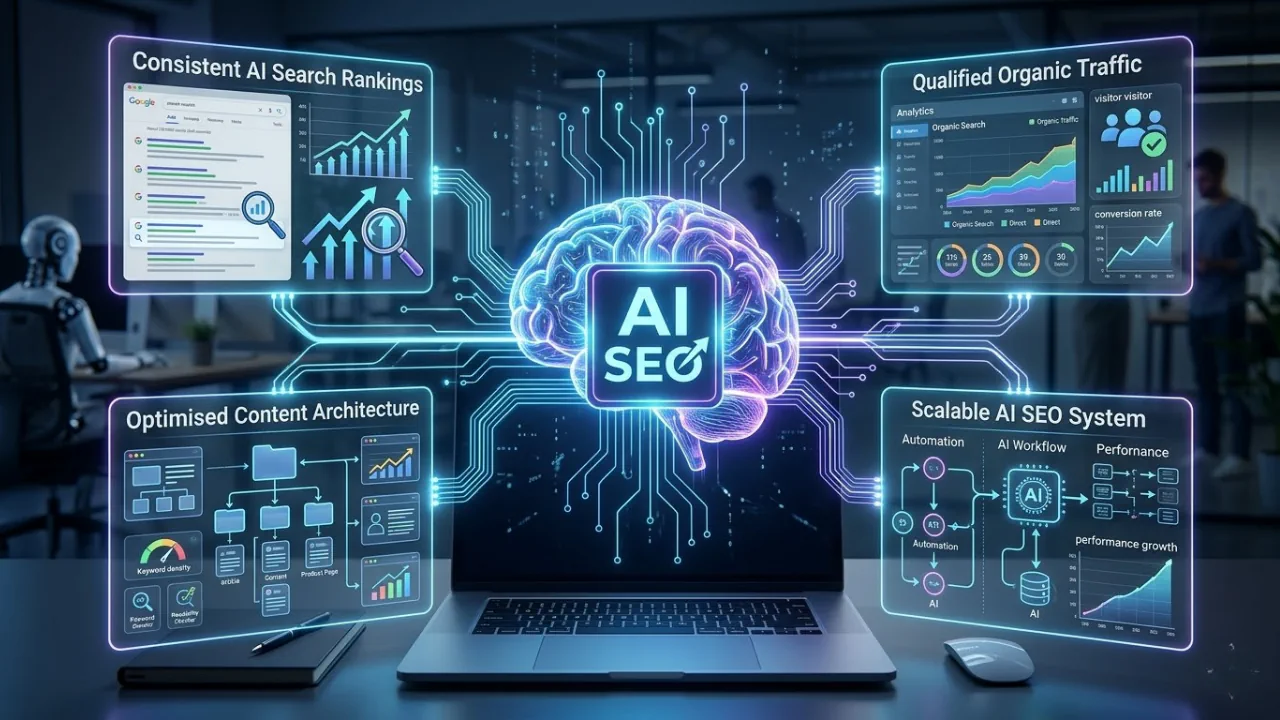 AI SEO system visual showing search rankings, organic traffic analytics, content architecture and automated optimisation workflow