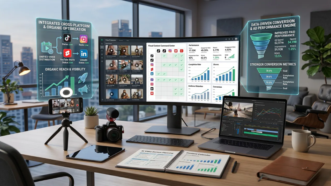 AI video marketing dashboard showing cross-platform publishing, content scheduling, and performance analytics growth