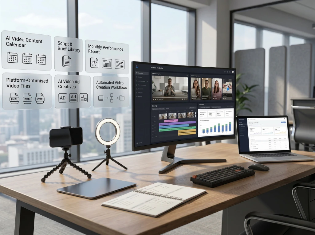 AI video marketing workspace with content calendar, video creation workflow, and performance reporting dashboards.