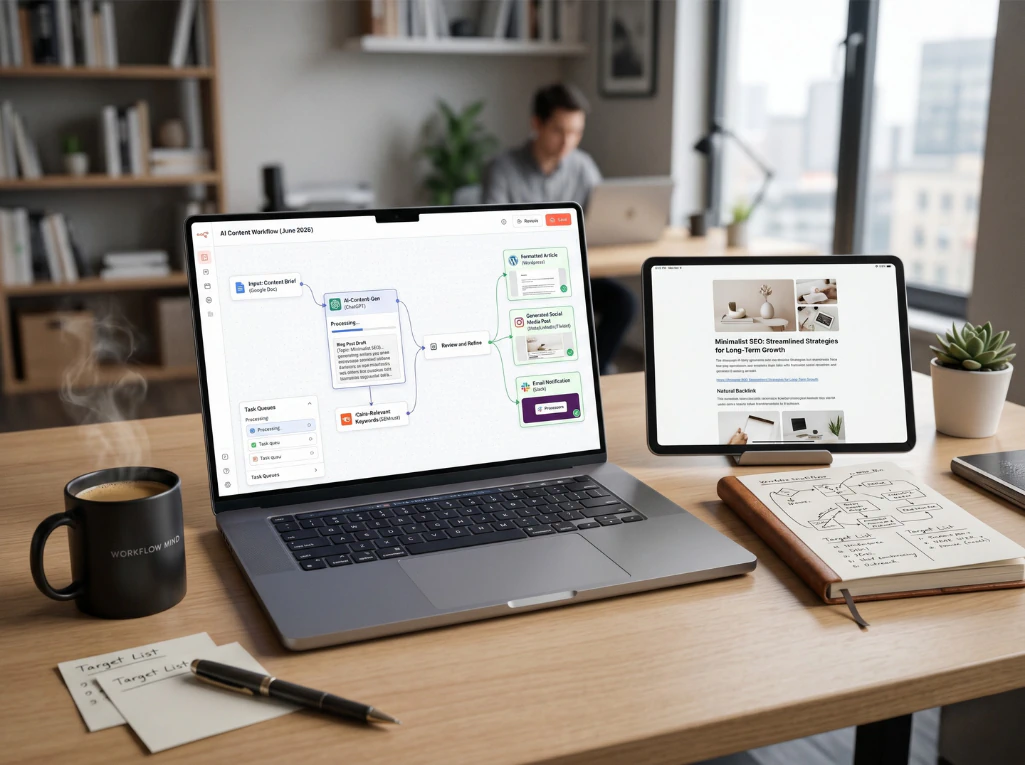 A laptop displaying an AI content workflow diagram alongside a tablet and notebook on a wooden desk in an office.