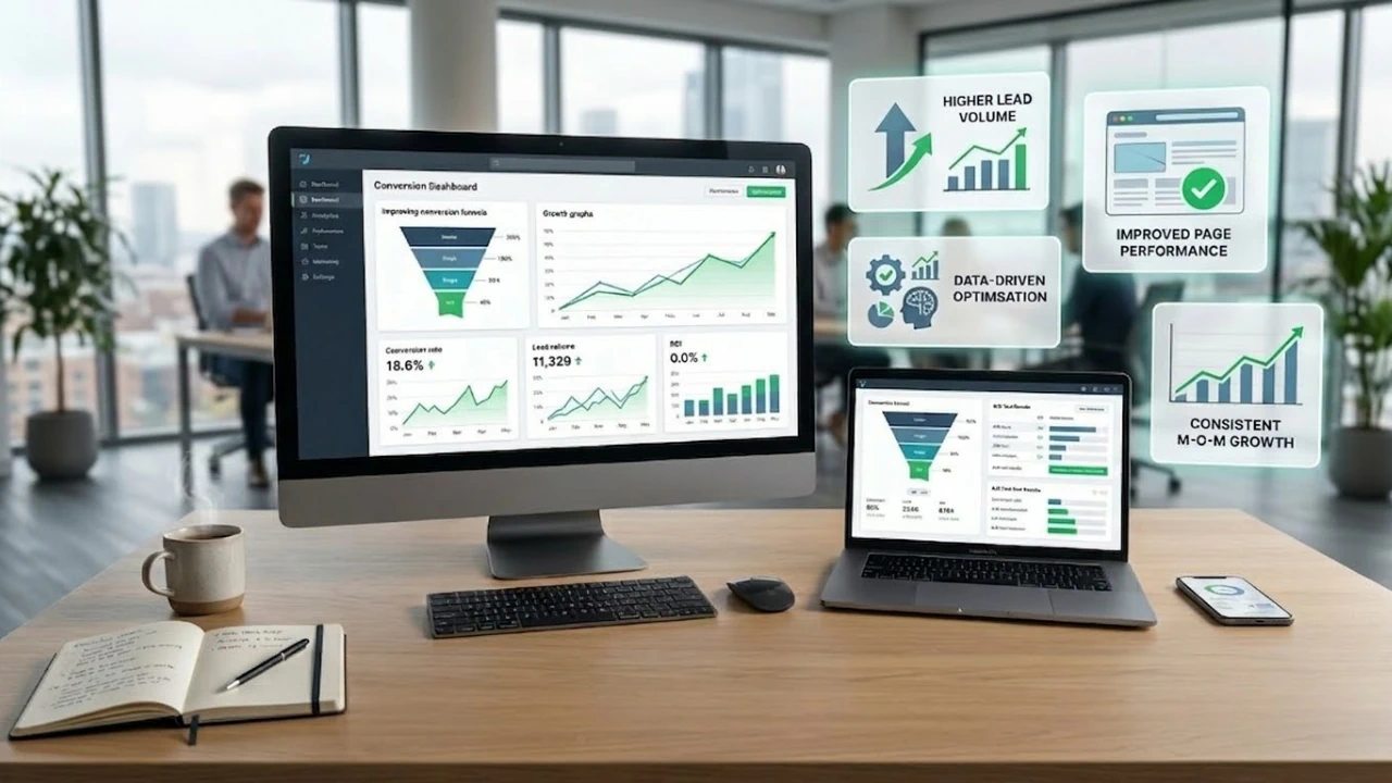 Digital marketing analytics dashboard showing conversion growth, lead generation, and website performance metrics