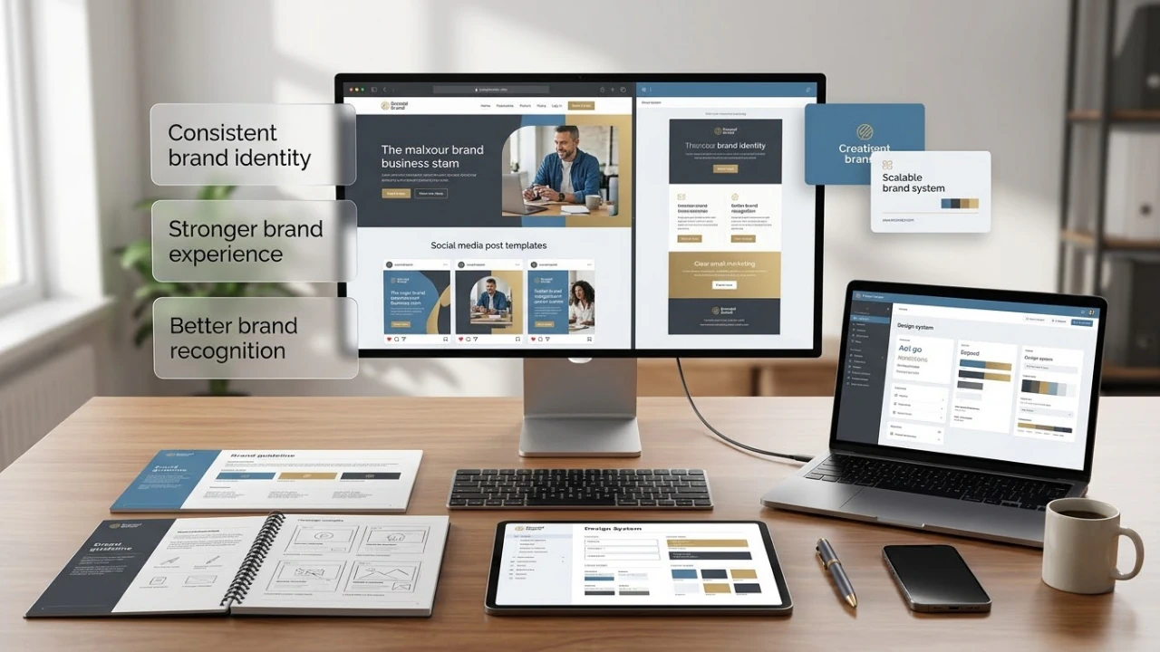Complete brand identity system shown across desktop, laptop, and tablet with brand guidelines built for recognition and consistency