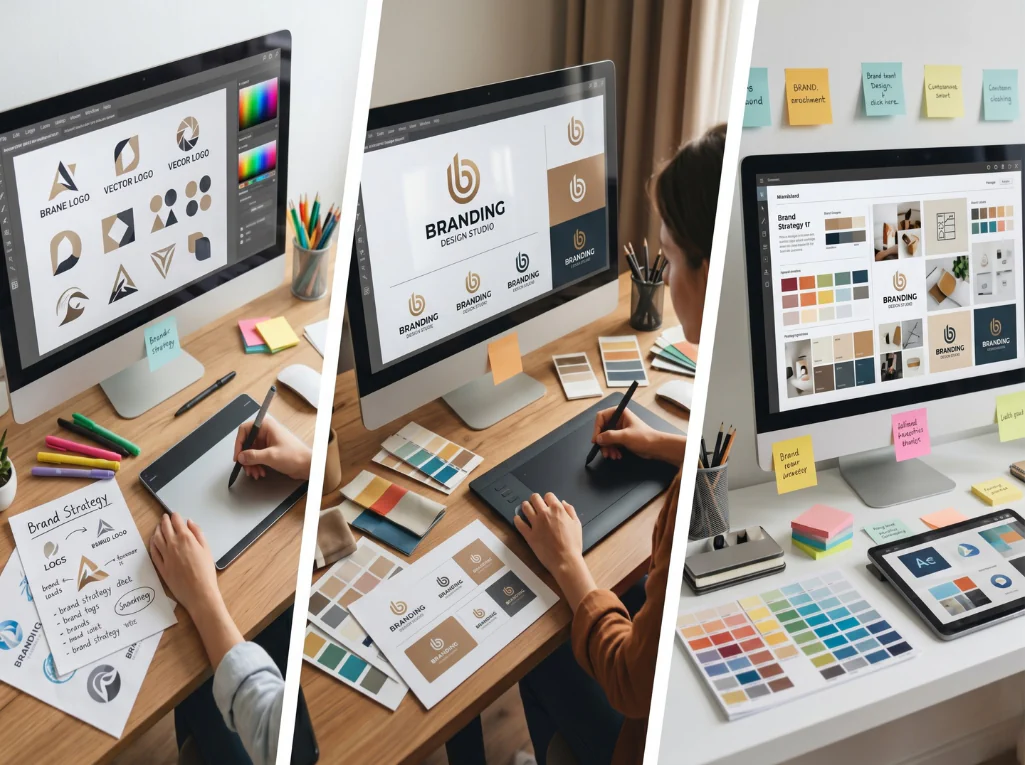 Three-panel branding design workspace showing logo concepts, colour palettes, and visual identity development.