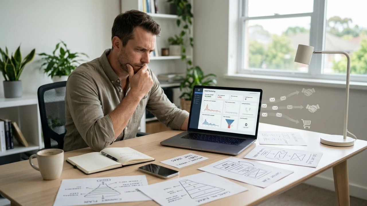 Business owner reviewing marketing analytics and lead funnel reports while planning email campaigns at a desk