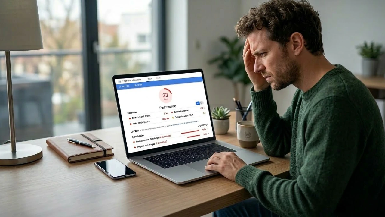 Business owner reviewing poor website performance metrics on a laptop, looking frustrated with low SEO and conversion results