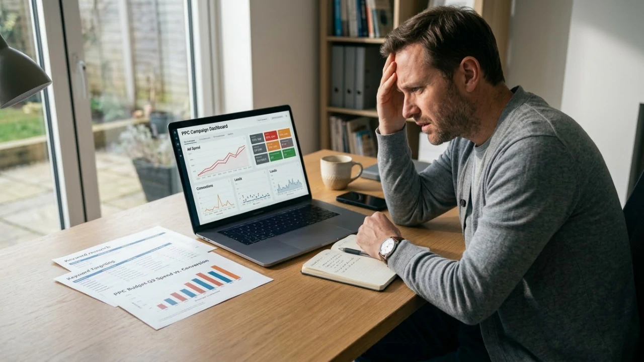 Business owner reviewing PPC campaign dashboard on laptop, looking concerned about ad spend and poor conversion performance