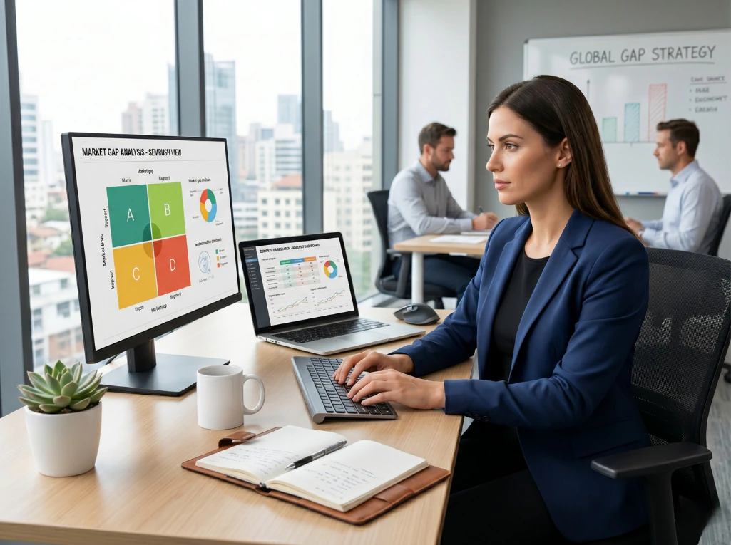 A female marketing professional conducting a competitor market gap analysis on a computer in a modern city office.