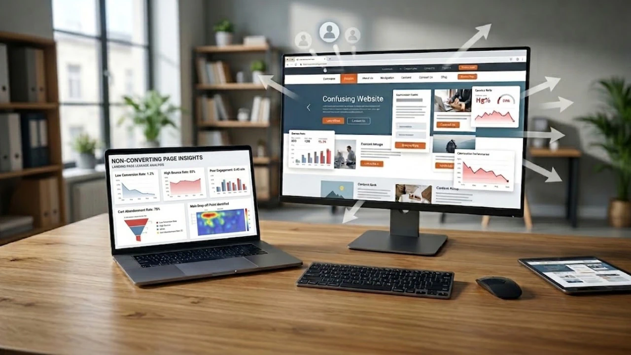 A computer screen displaying a confusing website interface with non-converting page insights on a nearby laptop