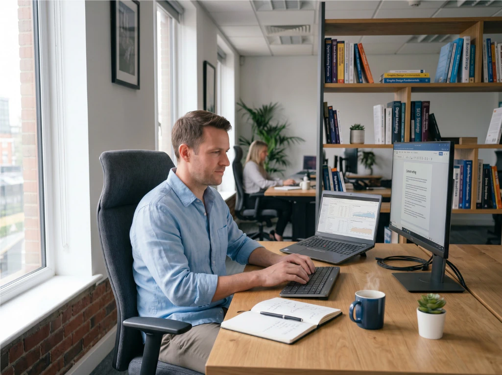 Content writer man working at desk in modern office, typing on keyboard with laptop, analytics dashboard and notes visible.