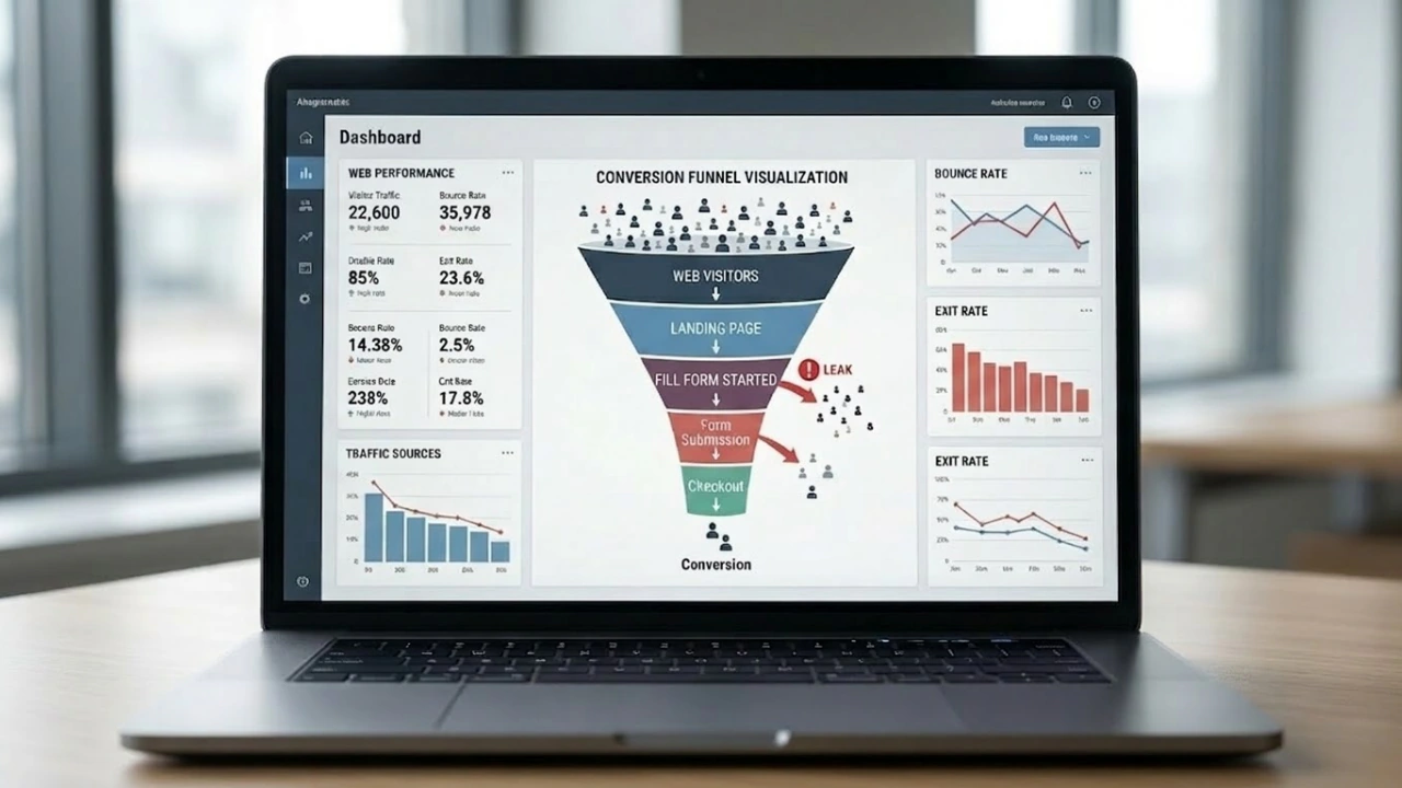 Website analytics dashboard showing conversion funnel, visitor traffic, bounce rate and performance metrics on laptop screen