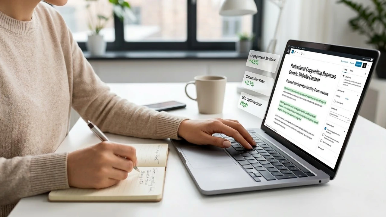Copywriter editing website content on laptop with notes, showing improved SEO performance and conversion metrics
