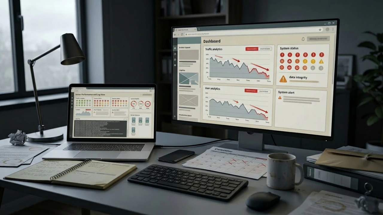 Dark office workspace with monitoring dashboards showing website performance alerts and declining analytics trends