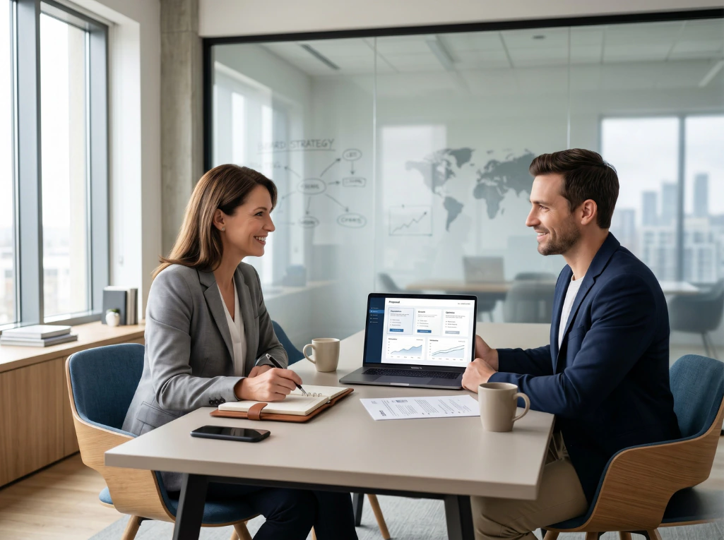 Two professionals smiling during a meeting while reviewing a digital business proposal on a laptop in an office.