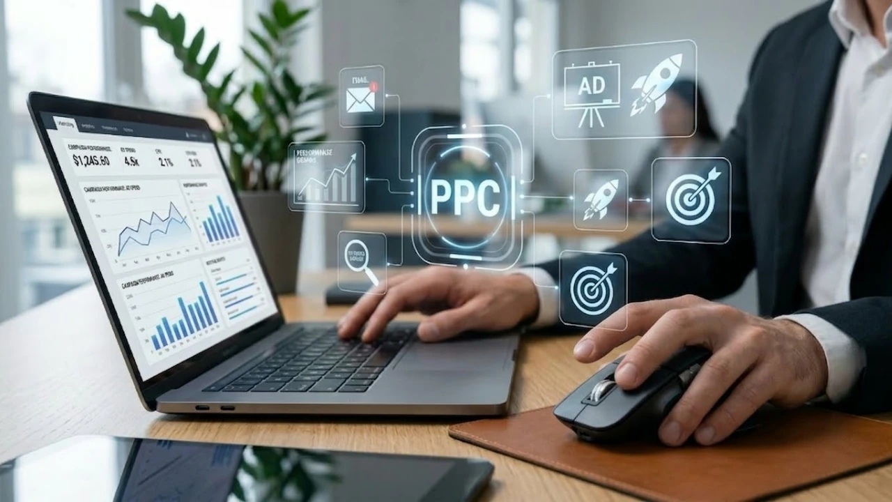 Digital marketer managing PPC campaigns on laptop with analytics dashboard and pay-per-click strategy icons displayed