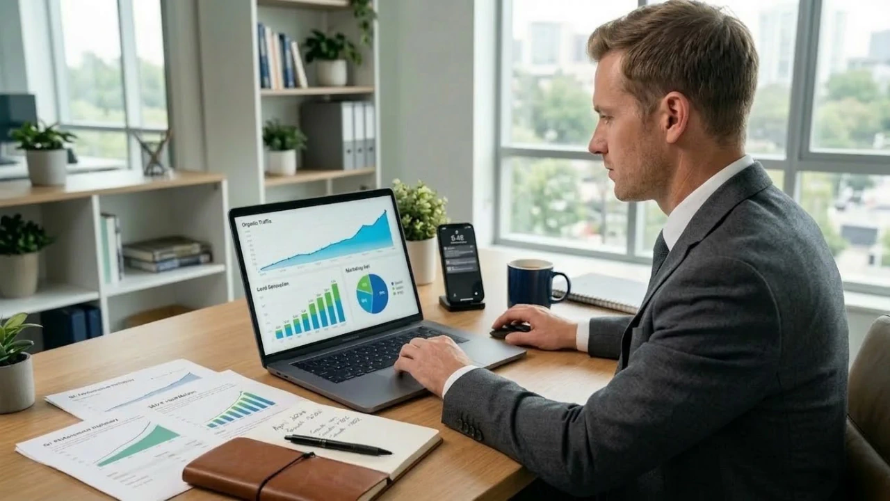 Small business owner reviewing organic traffic growth, lead generation results, and digital marketing ROI on an analytics dashboard