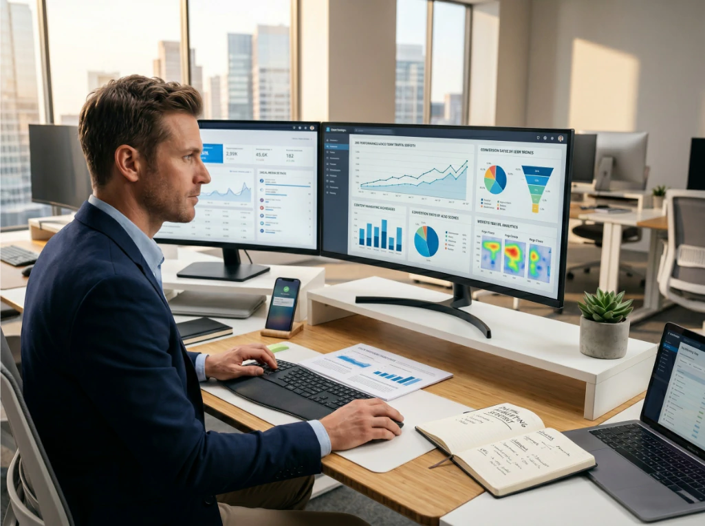 A focused professional male digital marketing expert analysing colourful data charts on dual monitors in a modern office.