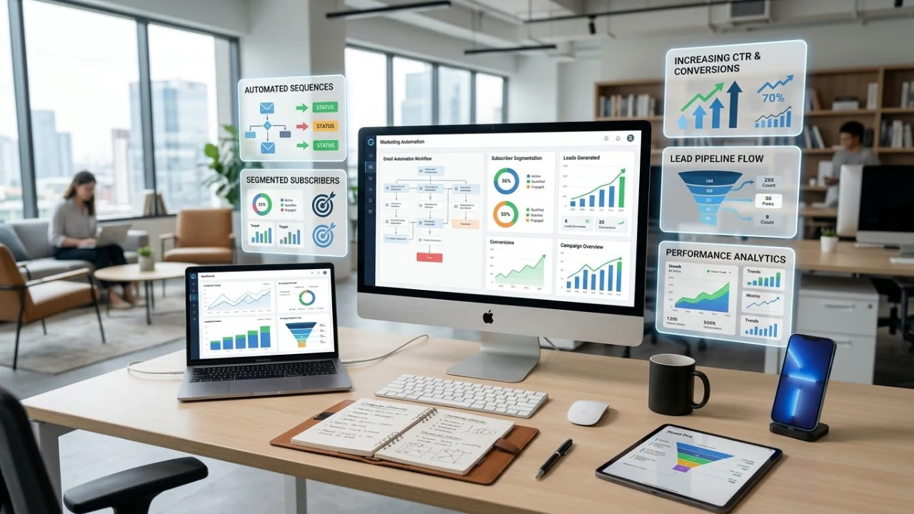 Marketing automation dashboard showing email sequences, subscriber segmentation, and lead pipeline analytics