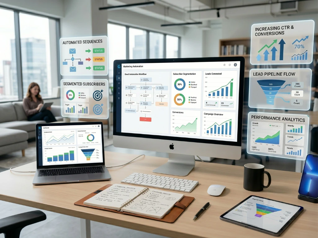 Marketing automation dashboard showing email sequences, subscriber segmentation, and lead pipeline analytics.