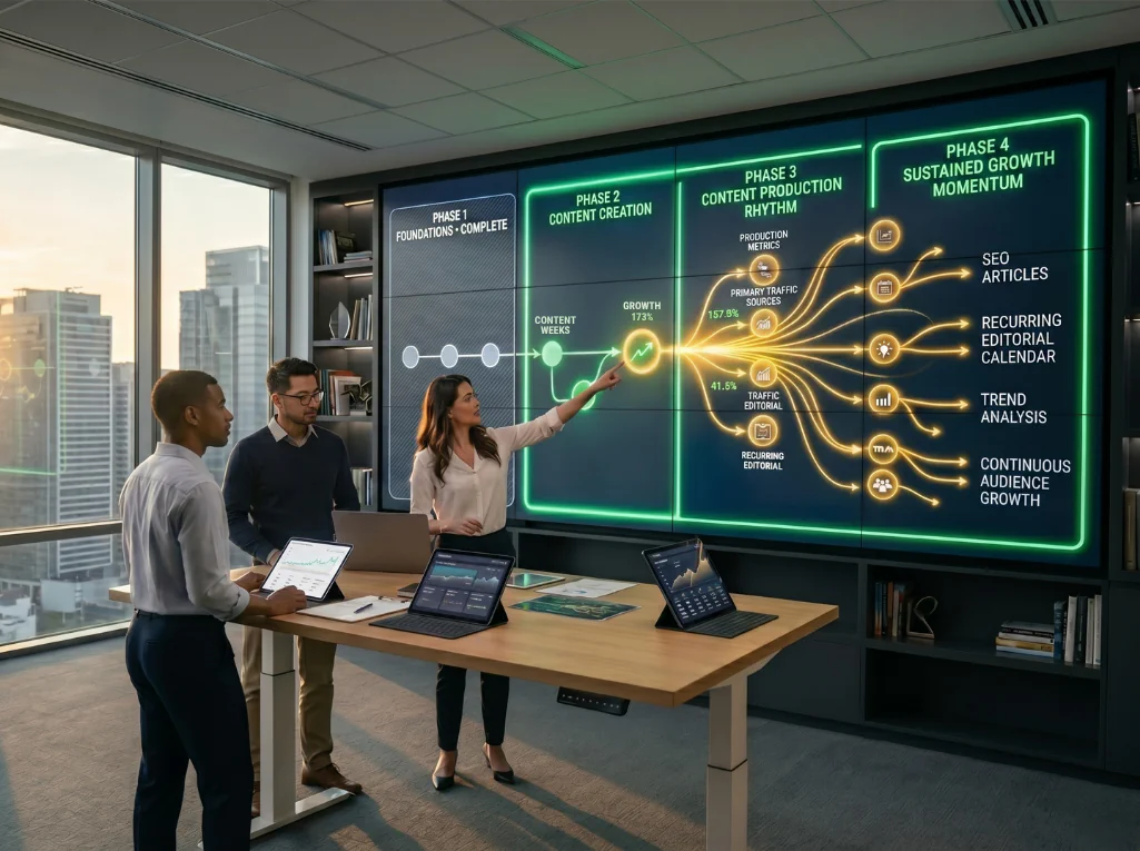 A team of experts analysing content creation and SEO optimisation strategies on a large digital screen.