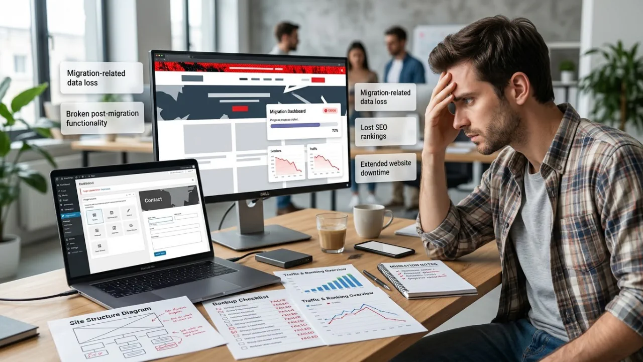 Stressed business owner reviewing a failed website migration dashboard showing data loss, downtime, and SEO impact