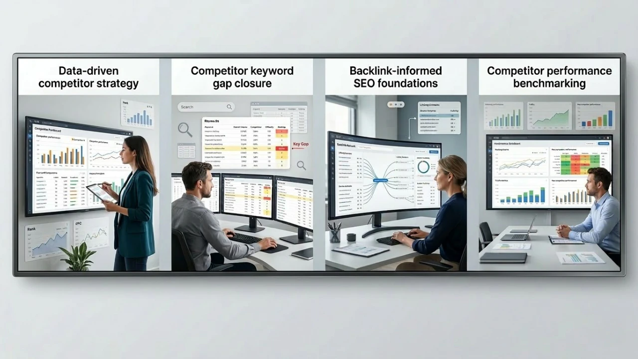 Four panels showing competitor SEO analysis including keyword gaps, backlinks, benchmarking, and strategy dashboards