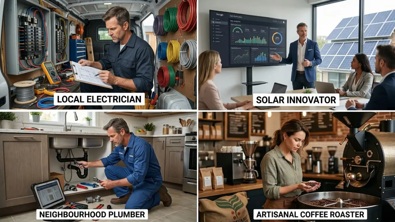 Electrician, solar team, plumber, and coffee roaster representing diverse small business industries losing leads from uncaptured website traffic