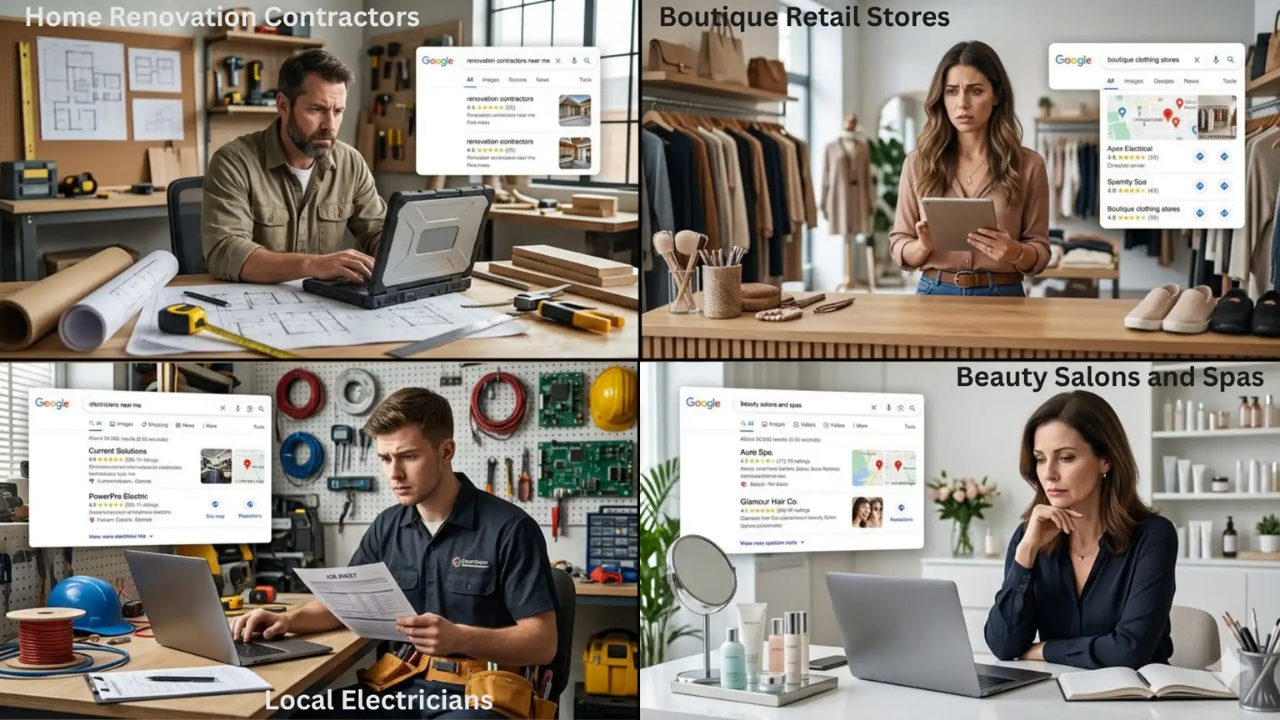 Four small business owners — renovation contractors, boutique retail, local electricians, and beauty salons — struggling to rank in Google search results