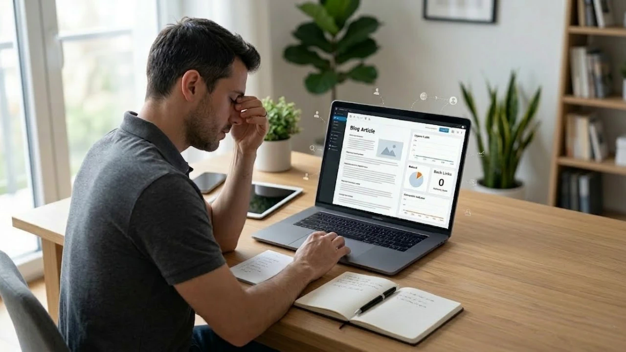 Frustrated content creator reviewing blog analytics and zero backlinks on a laptop at a home workspace