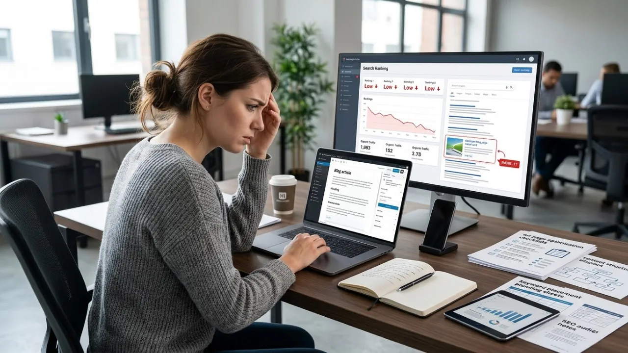 Frustrated marketer reviewing declining SEO rankings and analytics data on desktop and laptop in an office setting