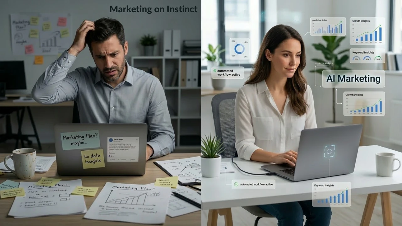 Split image showing a frustrated marketer using guesswork versus AI marketing with data insights and automation tools