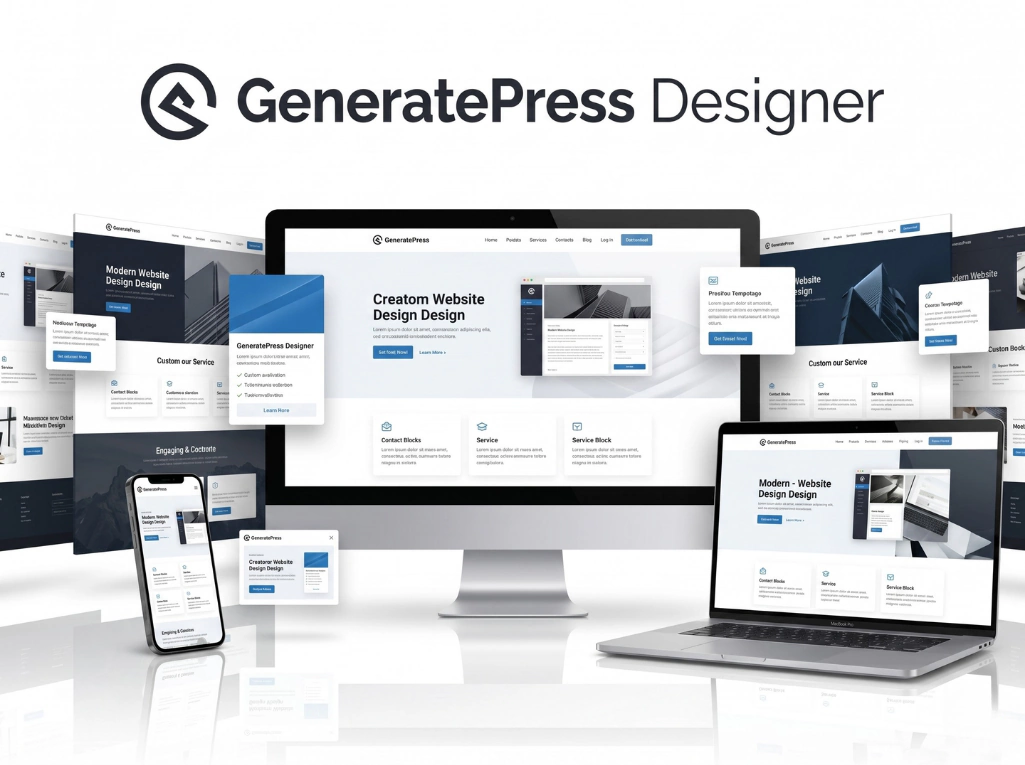 GeneratePress Designer showcase with desktop, laptop, and mobile layouts for fast, modern responsive websites