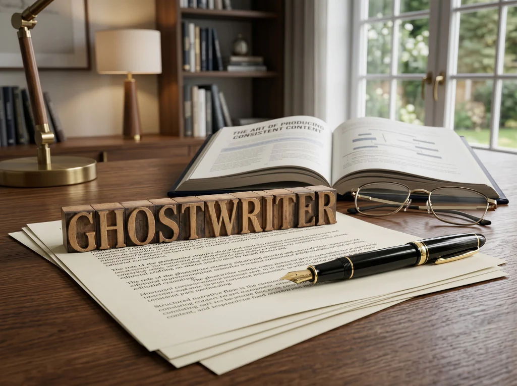 Ghostwriter workspace with manuscript pages, pen, glasses, and open book about producing consistent content.