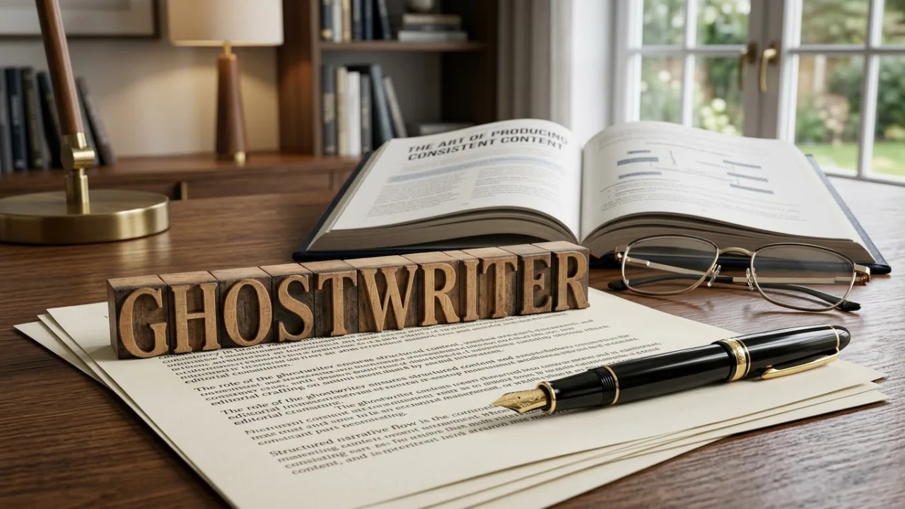 Ghostwriter workspace with manuscript pages, pen, glasses, and an open book about producing consistent content
