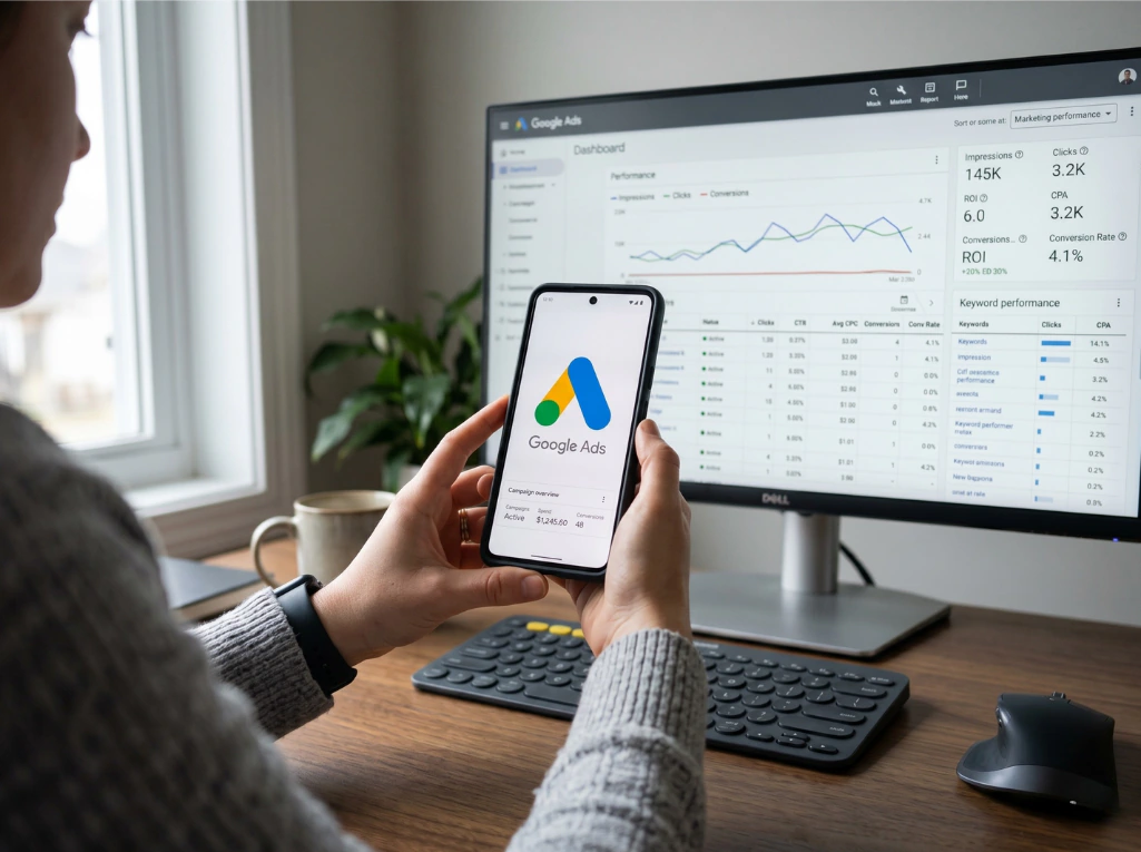 Marketer reviewing Google Ads campaigns on smartphone with performance dashboard and keyword analytics on monitor.