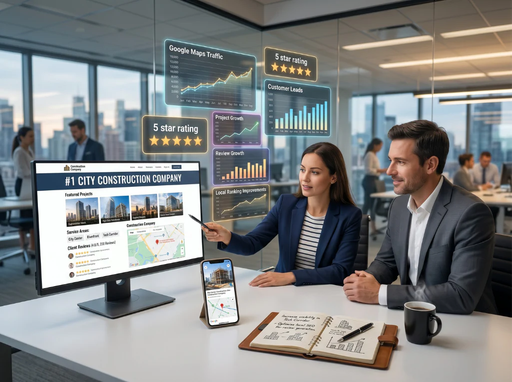 Digital marketing experts analysing a Google Business Profile with floating data visualisations in a modern office.