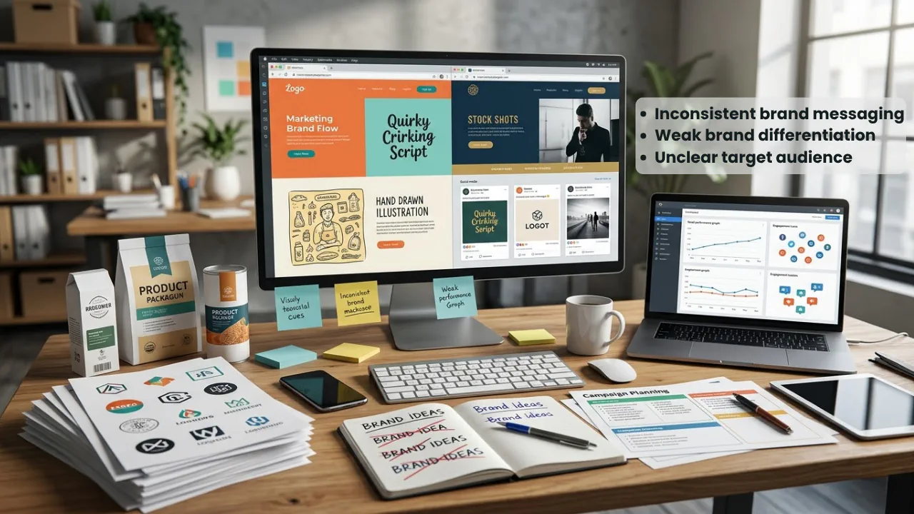 Workspace showing inconsistent brand assets, campaign materials, and analytics highlighting weak brand differentiation