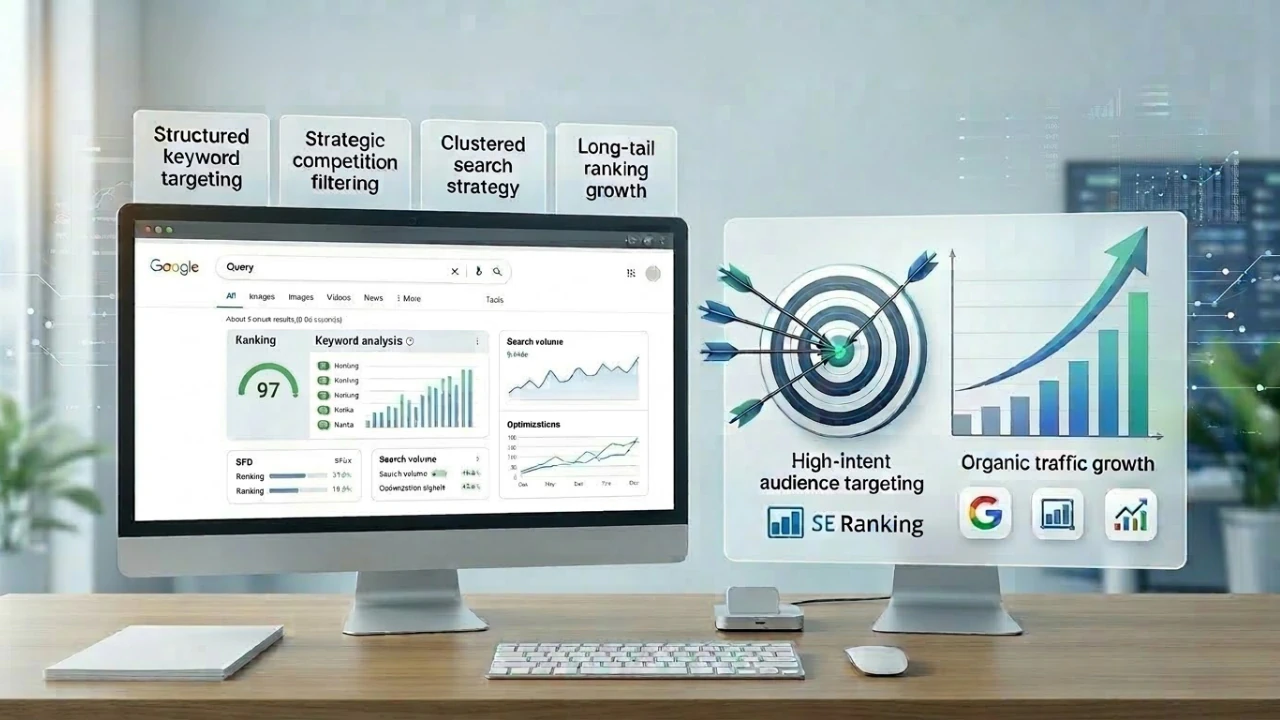 Keyword research strategy dashboard showing targeting, competition filtering, clustered search and organic traffic growth