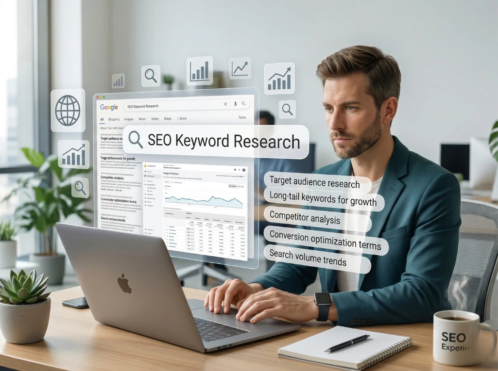 SEO specialist conducting keyword research analysis on laptop, reviewing search trends, competitors and target audience data.