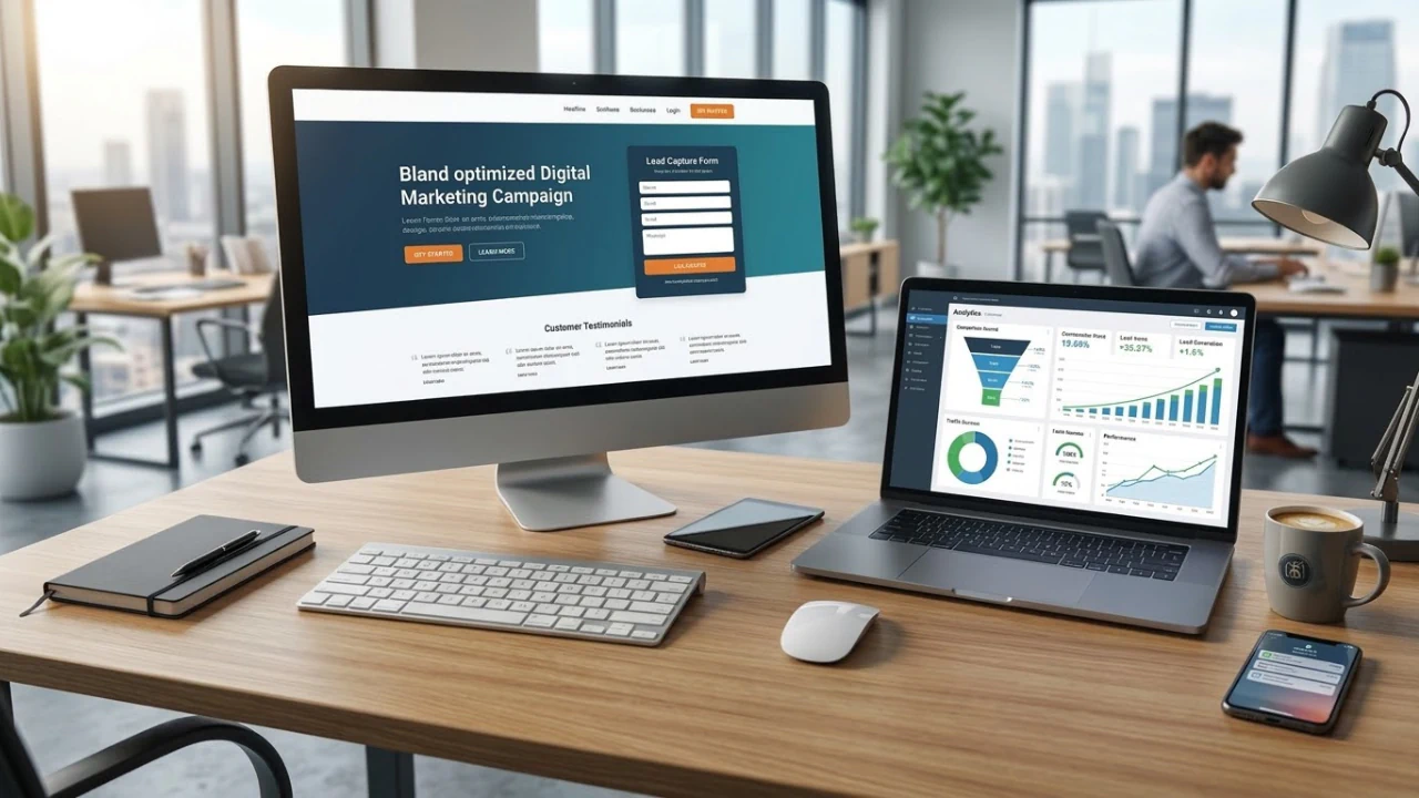 Desktop and laptop displaying digital marketing dashboard, landing page design, and lead generation analytics reports