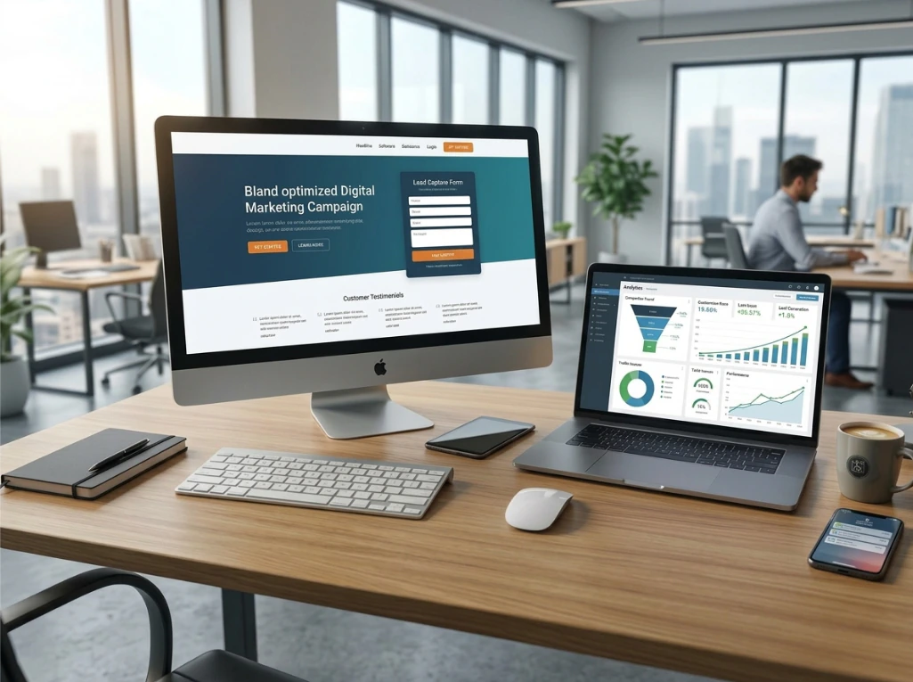 Desktop and laptop displaying digital marketing dashboard, landing page design, and lead generation analytics reports.