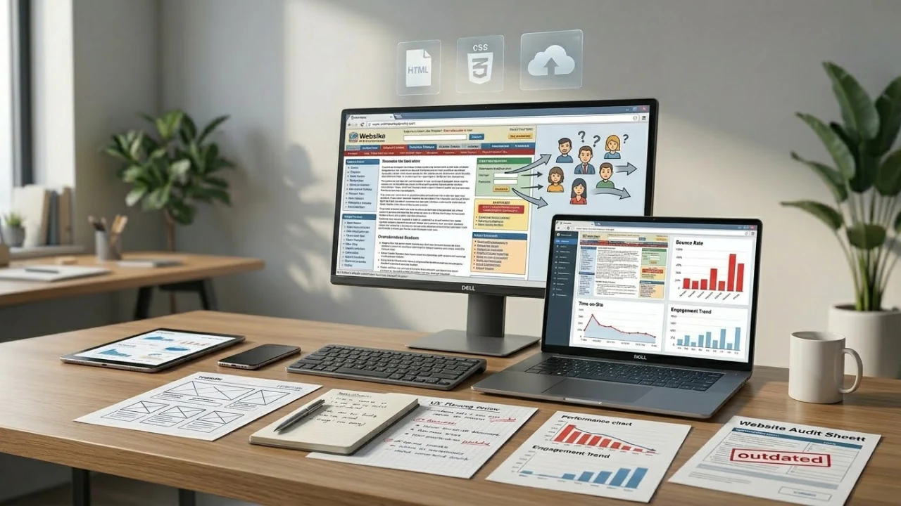 Workspace with screens showing an outdated website audit, user behaviour data, and redesign planning documents