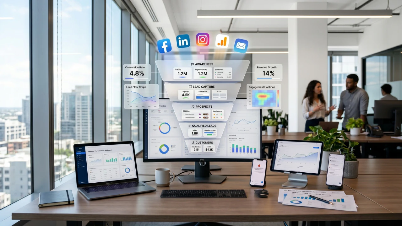 Digital marketing funnel showing social traffic, lead capture, automation, and conversion tracking dashboards