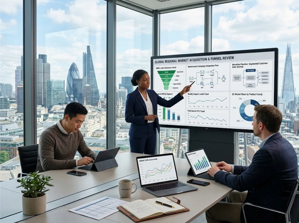 A professional presenting a global market acquisition and funnel review to a team in a high-rise London office.