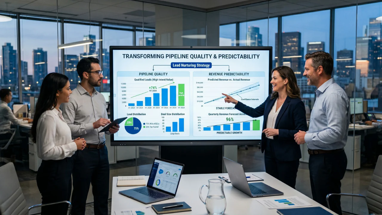 Digital marketing funnel showing traffic sources, lead capture, nurturing automation, and conversion analytics dashboards
