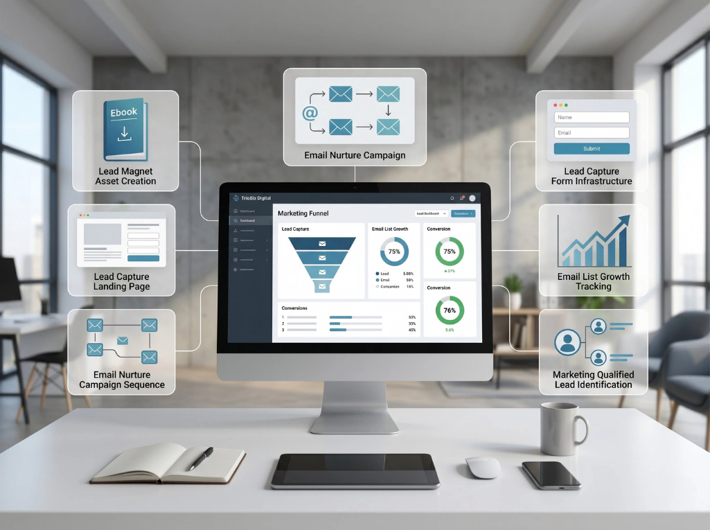 Lead generation system showing landing page capture, email nurture campaigns, and marketing funnel analytics.