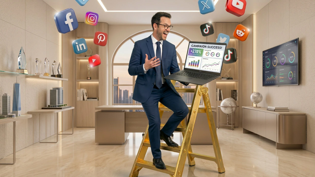 Marketer celebrating a successful social media campaign on a laptop with rising analytics and floating platform icons