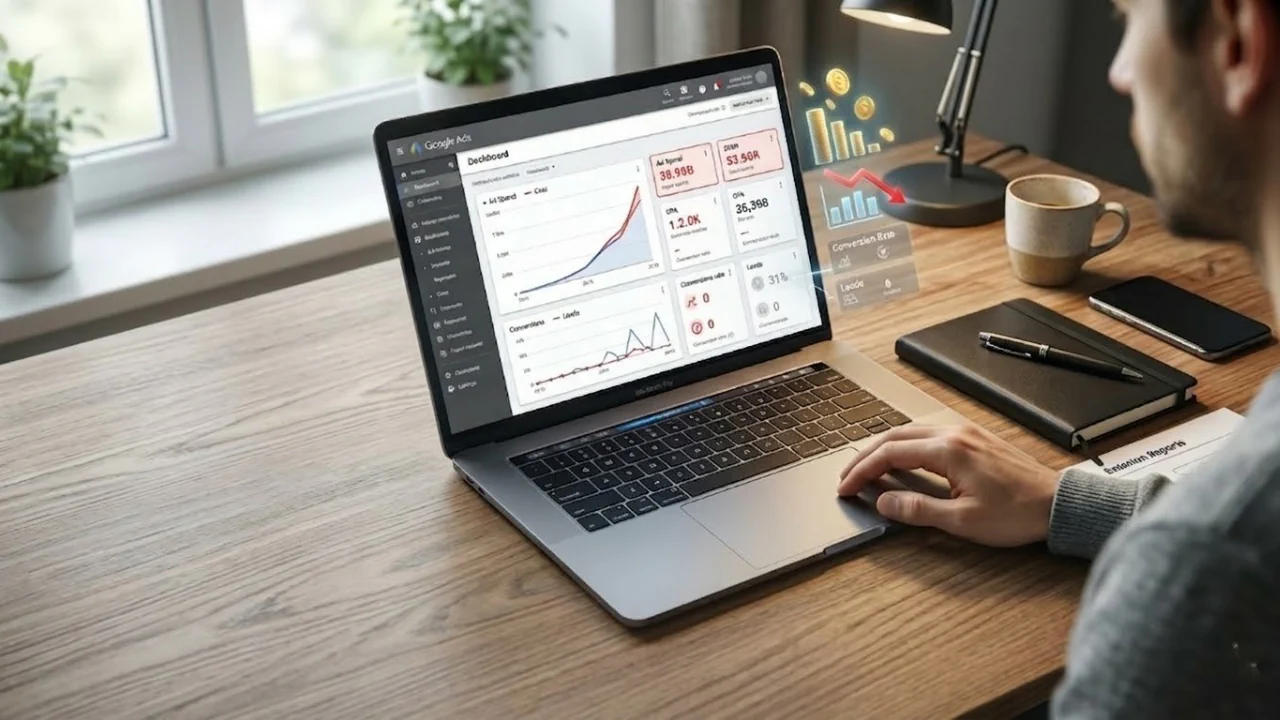 Digital marketer reviewing poor Google Ads performance dashboard on a laptop with campaign metrics and conversion analytics displayed