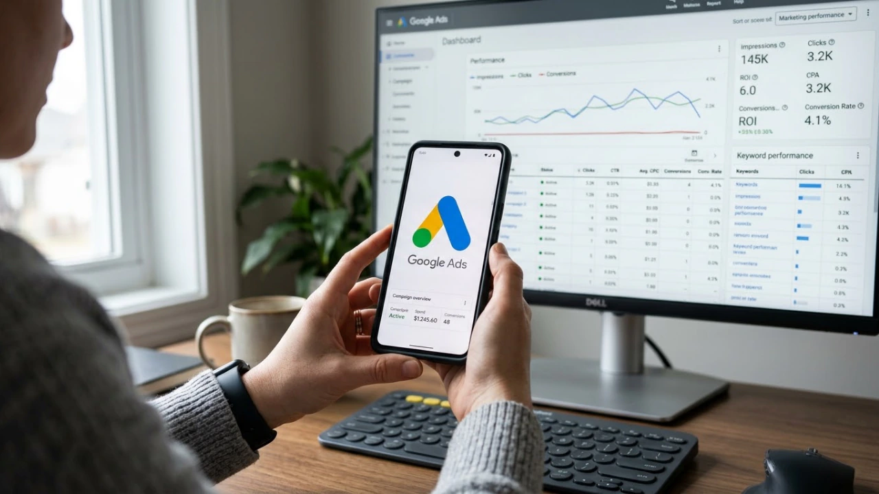 Marketer reviewing Google Ads campaigns on a smartphone with a performance dashboard and keyword analytics shown on a monitor