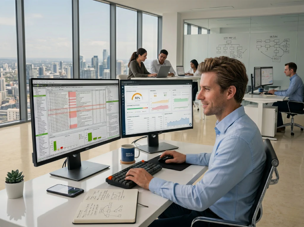A marketing professional analysing data on dual monitors in a bright, open-plan office with city views.